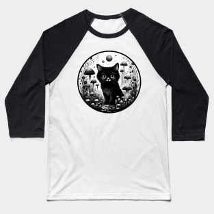 Black cat mushroom field Baseball T-Shirt